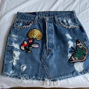 Levi's Blue Denim Floral Butterfly Embroidered Studded Distressed Mini Skirt